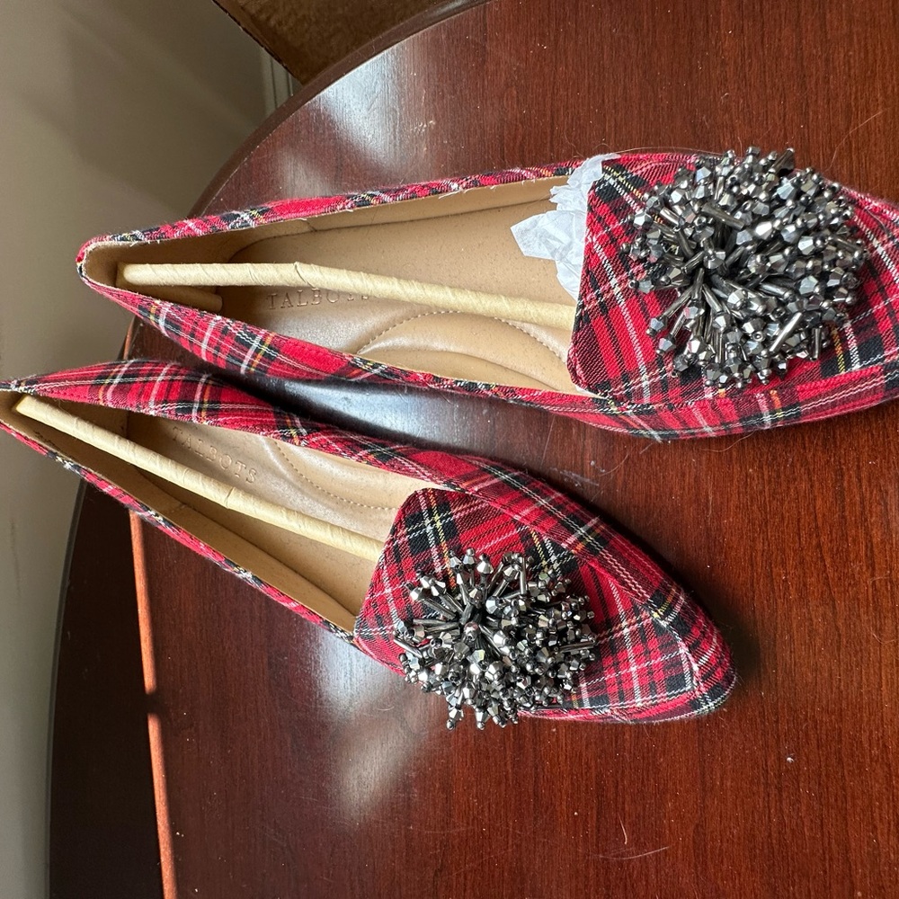 Talbots Francesca Red and Black Plaid Flats with Embellishments